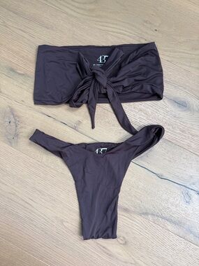 437 Brown Bandeau Tie Bikini Set